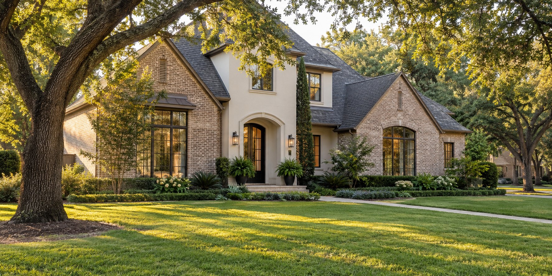 Houston-style brick and stucco home beneath mature oak trees