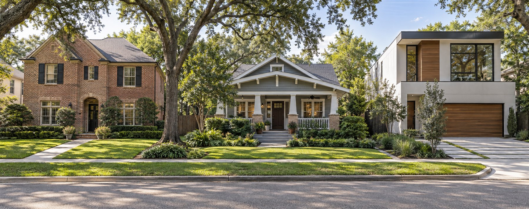 Traditional, craftsman and modern homes in a Houston neighborhood